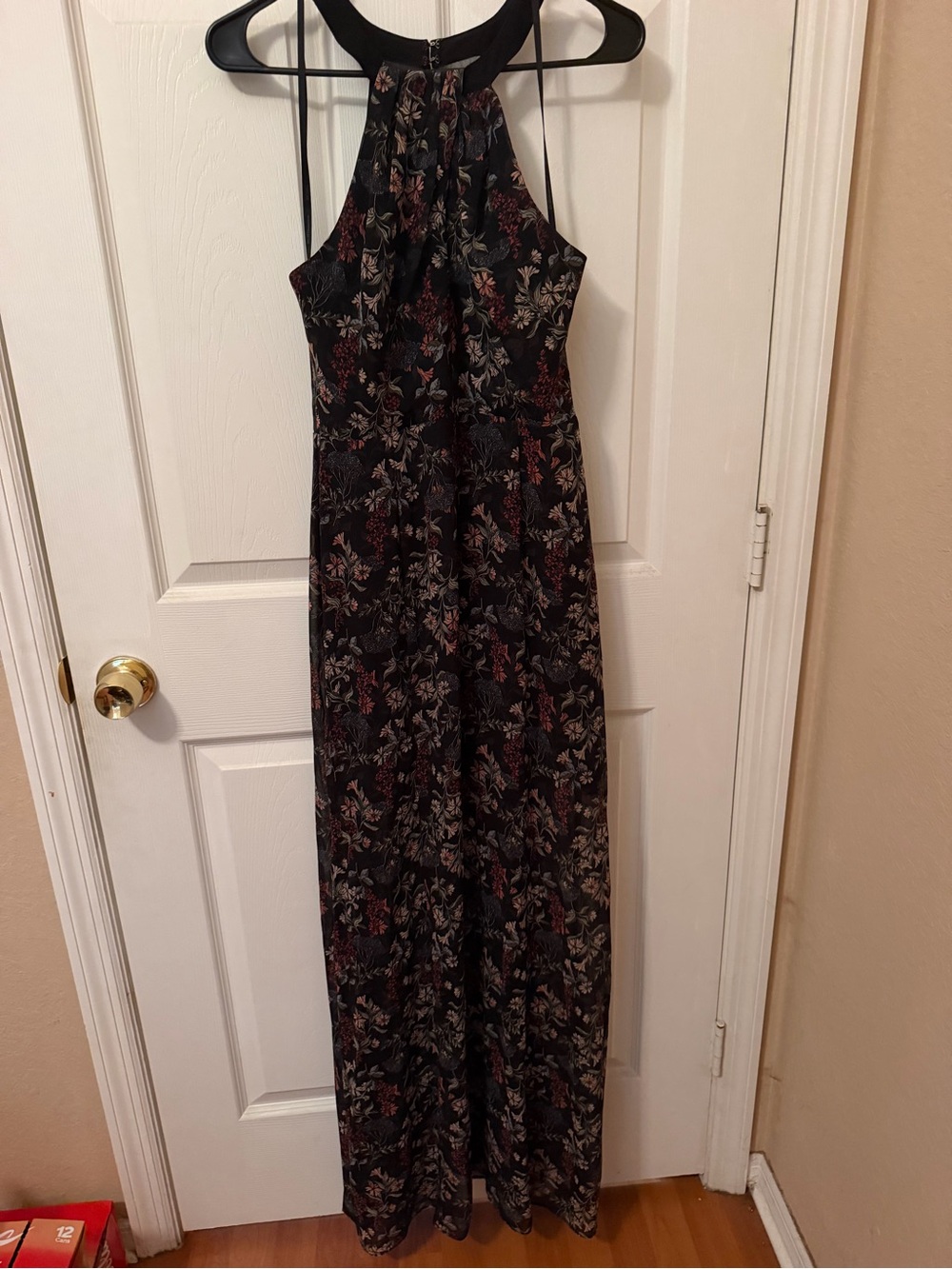 BCBGeneration Black Floral Halter Maxi Dress with Burgundy Accents